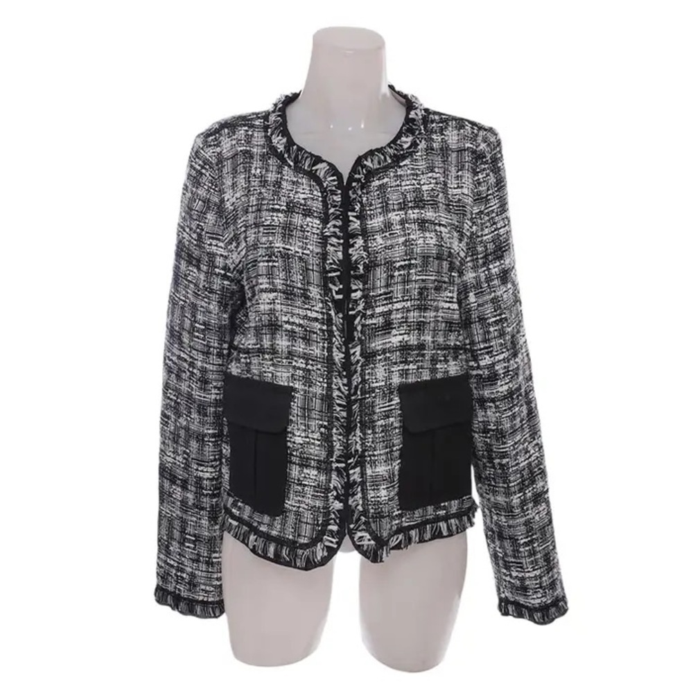 Escada Black White Textured Jacket Blazer Fringe Detail Size 38
